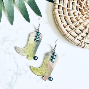 2/$30🌵 Boot Scootin’ Silver Faux Turquoise Cowgirl Boots Spurs Earrings Western
